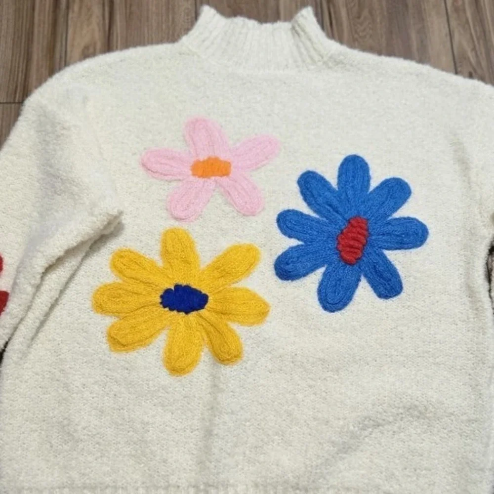 Cream Mock Neck Sweater 3D Flower Applique Knit Top Women's 2XL - Picture 1 of 8